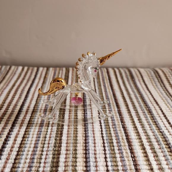 Other - Glass Rocking Unicorn Figurine with Gold Accents and Pink Crystal